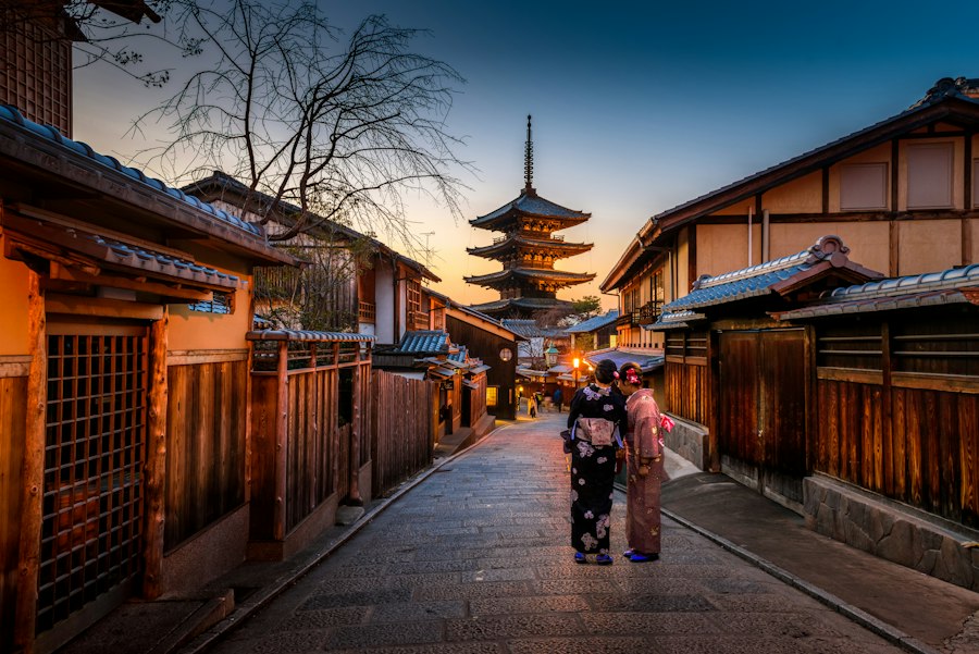 Traditional street and pagoda in Kyoto, Japan